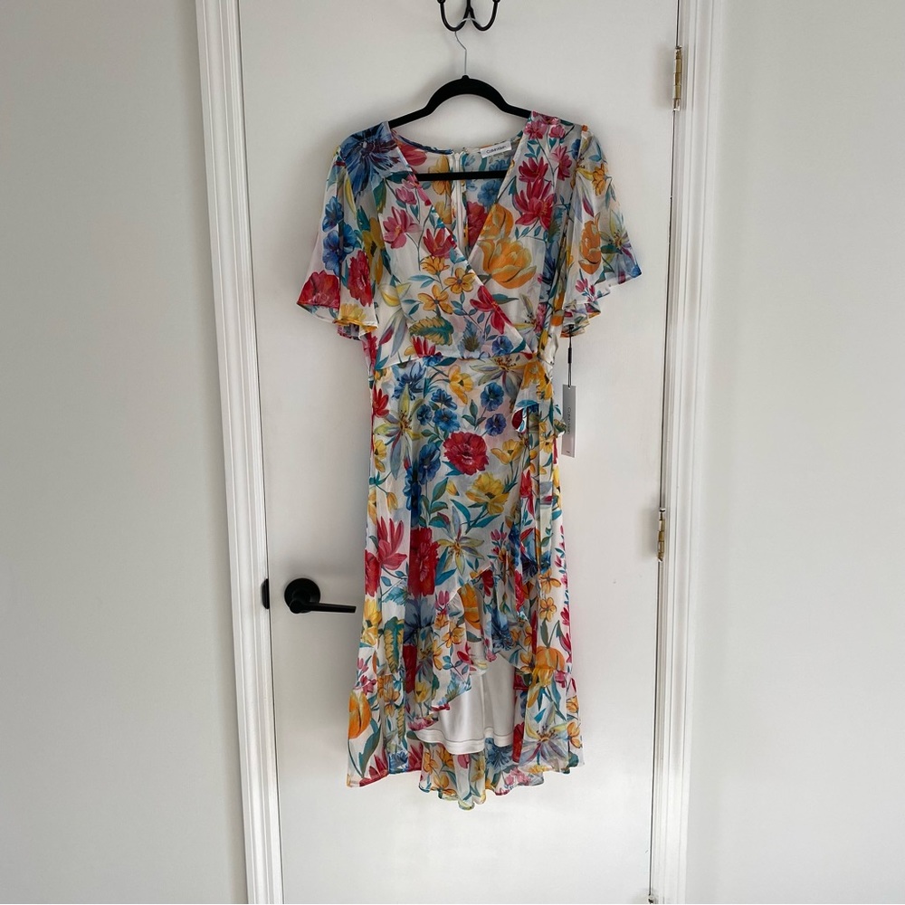 Calvin Klein Floral Chiffon V-Neck Short Flutter Sleeve High Low Faux Wrap Dress